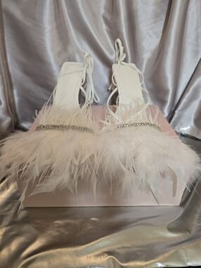 White Trim Rhinestone Bridal Statement Heels With Feathers